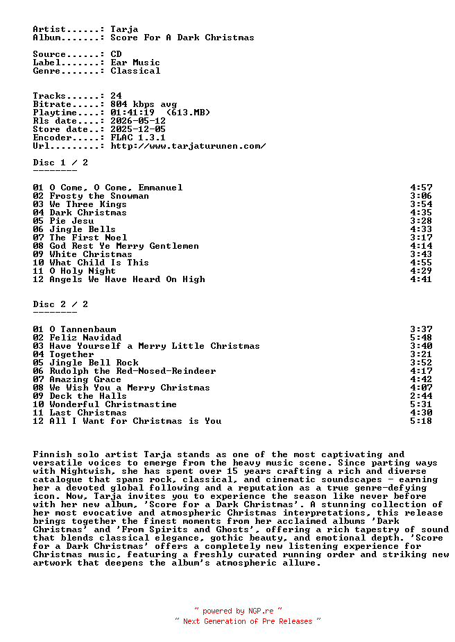 NFO for the release Tarja-Score_For_A_Dark_Christmas-2CD-FLAC-2025-401 by 401