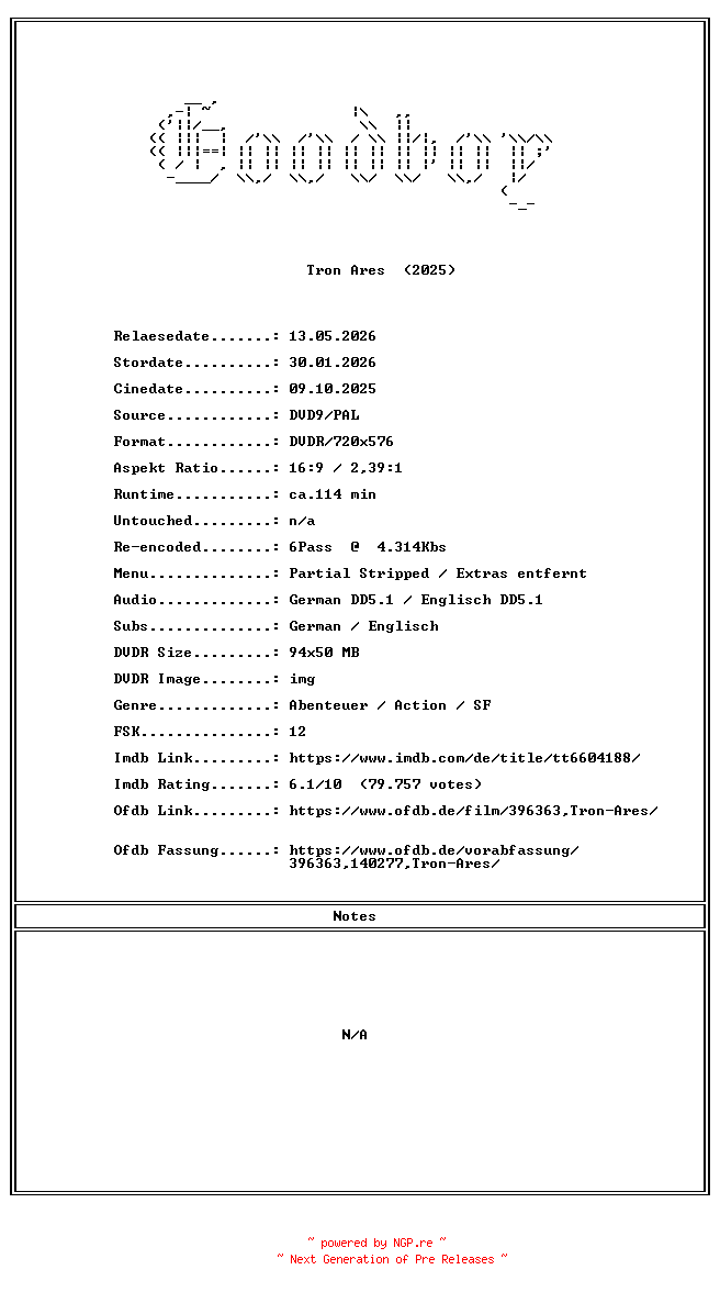 NFO for the release Tron.Ares.GERMAN.2025.DL.PAL.DVDR-Goodboy by Goodboy