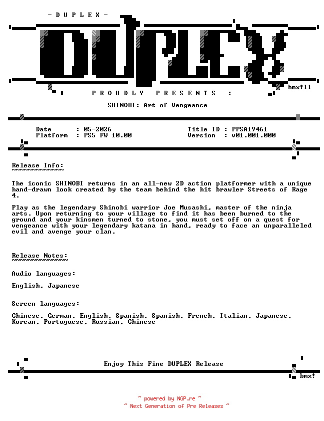 NFO for the release SHINOBI.Art.of.Vengeance.PS5-DUPLEX by DUPLEX
