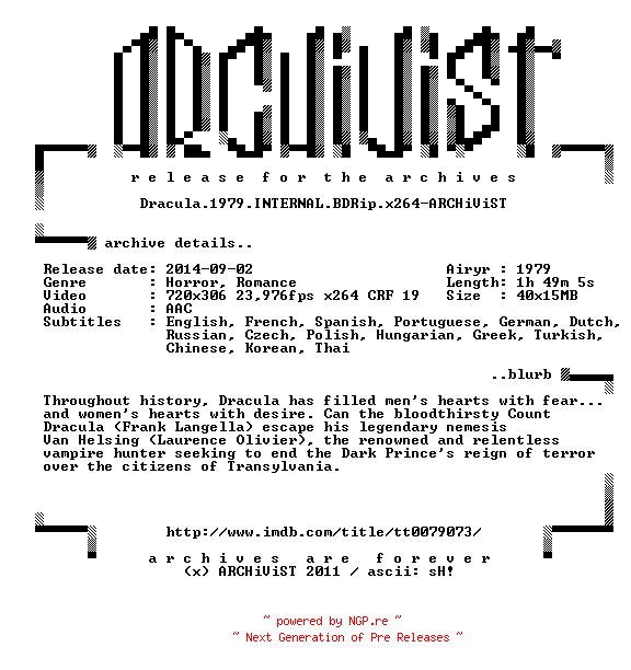 NFO for the release Dracula.1979.INTERNAL.BDRip.x264-ARCHiViST by ARCHiViST