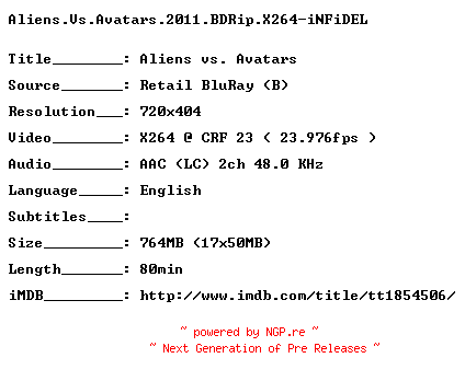 NFO for the release Aliens.Vs.Avatars.2011.BDRip.X264-iNFiDEL by iNFiDEL