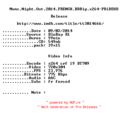 NFO for the release Moms.Night.Out.2014.FRENCH.BDRip.x264-PRiDEHD by PRiDEHD