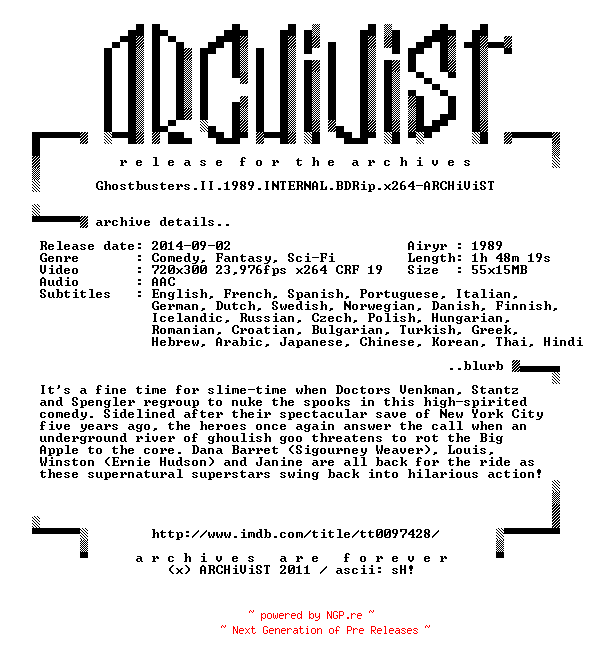 NFO for the release Ghostbusters.II.1989.INTERNAL.BDRip.x264-ARCHiViST by ARCHiViST