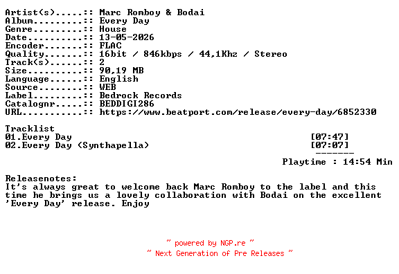 NFO for the release Marc_Romboy_And_Bodai-Every_Day-BEDDIGI286-16BIT-WEB-FLAC-2026-WAVED by WAVED