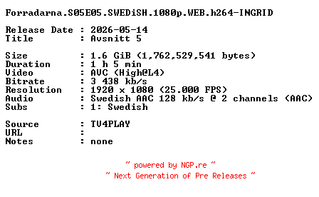 NFO for the release Forradarna.S05E05.SWEDiSH.1080p.WEB.h264-INGRID by INGRID