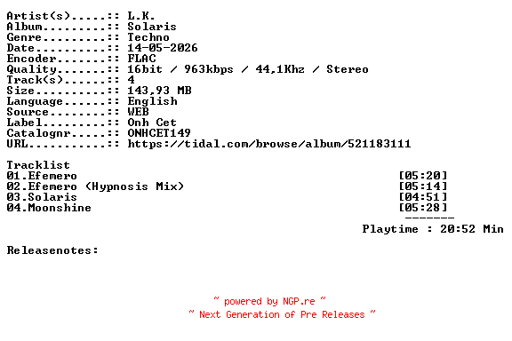 NFO for the release L.K.-Solaris-ONHCET149-16BIT-WEB-FLAC-2026-WAVED by WAVED