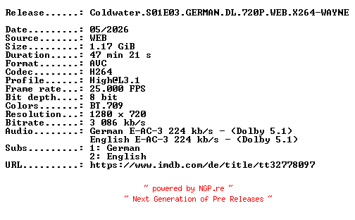 NFO for the release Coldwater.S01E03.GERMAN.DL.720P.WEB.X264-WAYNE by WAYNE