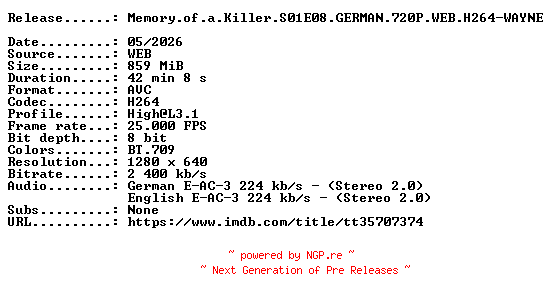 NFO for the release Memory.of.a.Killer.S01E08.GERMAN.720P.WEB.H264-WAYNE by WAYNE