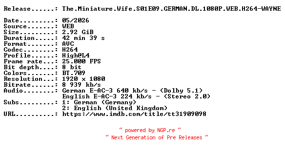 NFO for the release The.Miniature.Wife.S01E09.GERMAN.DL.1080P.WEB.H264-WAYNE by WAYNE