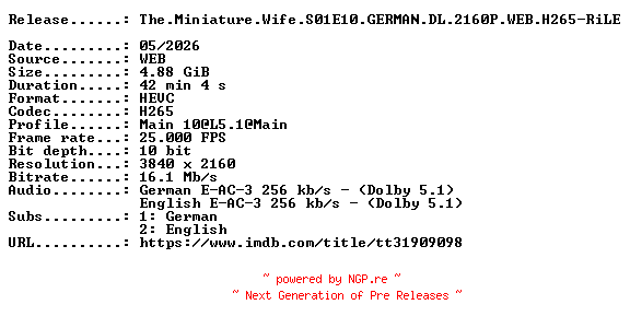 NFO for the release The.Miniature.Wife.S01E10.GERMAN.DL.2160P.WEB.H265-RiLE by RiLE