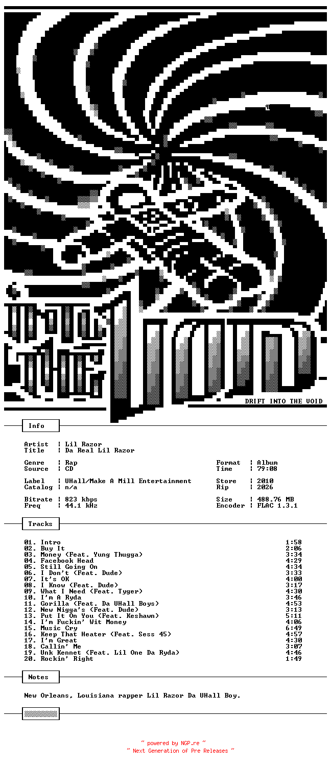 NFO for the release Lil_Razor-Da_Real_Lil_Razor-CD-FLAC-2010-THEVOiD by THEVOiD