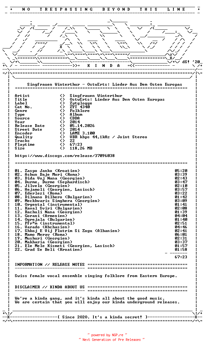 NFO for the release Singfrauen_Winterthur-Ostwaerts_Lieder_Aus_Dem_Osten_Europas-(ZYT4340)-CD-2014-KINDA by KINDA