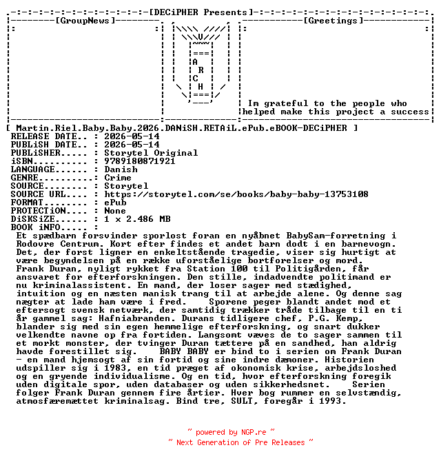 NFO for the release Martin.Riel.Baby.Baby.2026.DANiSH.RETAiL.ePub.eBOOK-DECiPHER by DECiPHER
