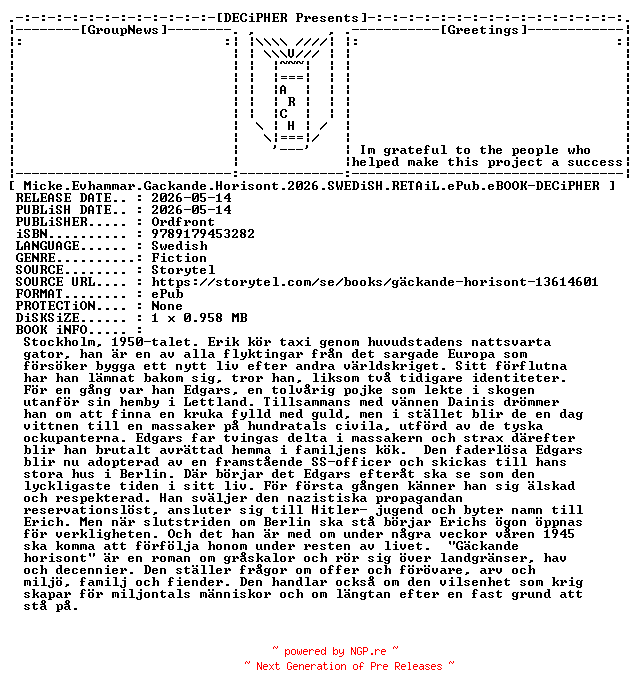 NFO for the release Micke.Evhammar.Gackande.Horisont.2026.SWEDiSH.RETAiL.ePub.eBOOK-DECiPHER by DECiPHER