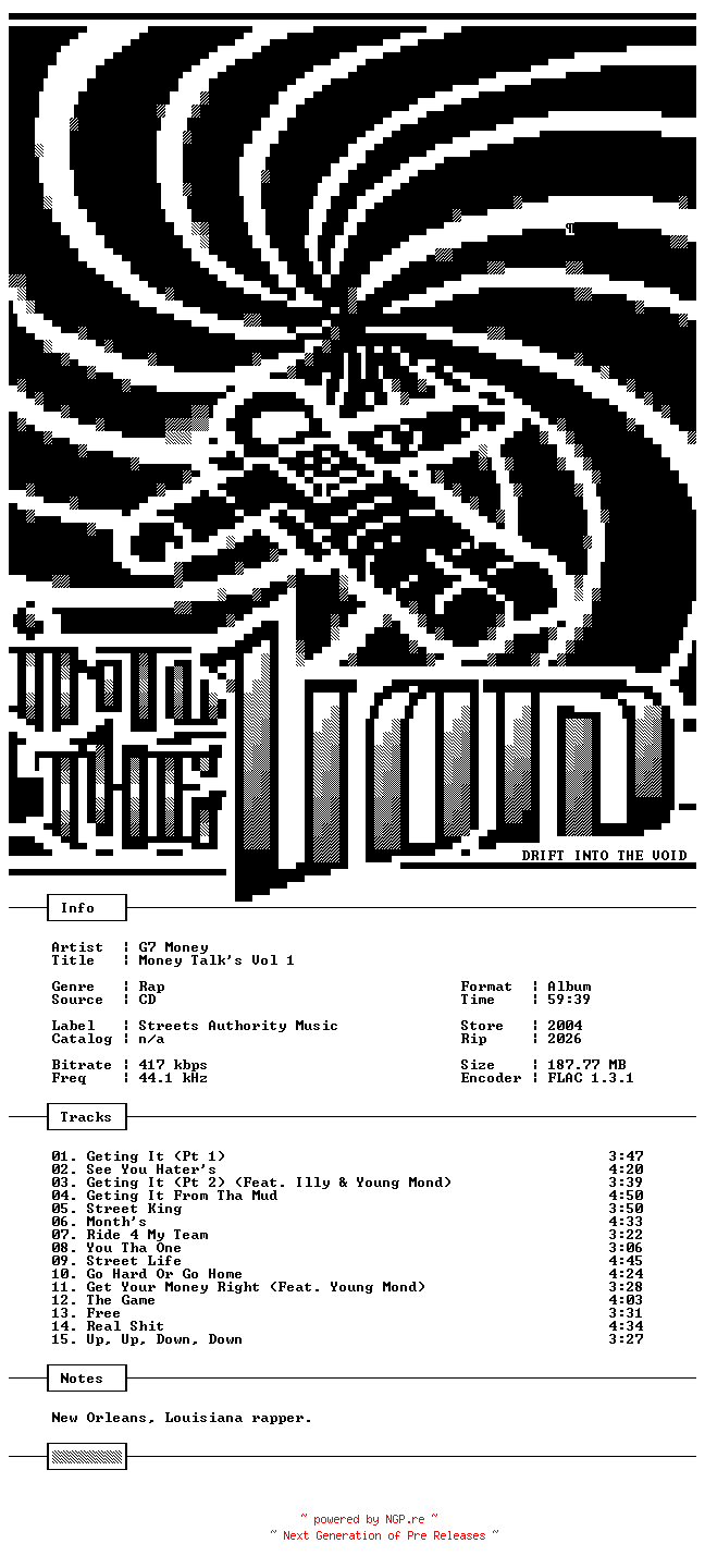 NFO for the release G7_Money-Money_Talks_Vol_1-Bootleg-CD-FLAC-2004-THEVOiD by THEVOiD
