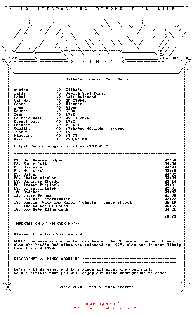 NFO for the release Gilboa-Jewish_Soul_Music-(GM230648)-CD-FLAC-199X-KINDA by KINDA