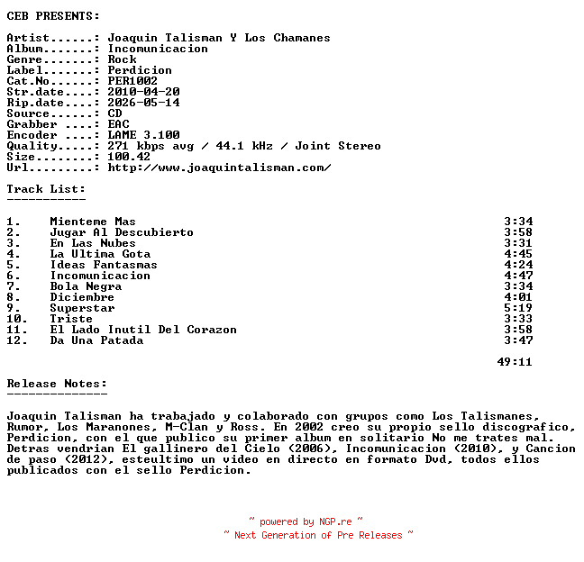 NFO for the release Joaquin_Talisman_Y_Los_Chamanes-Incomunicacion-(PER1002)-ES-CD-2010-CEB by CEB
