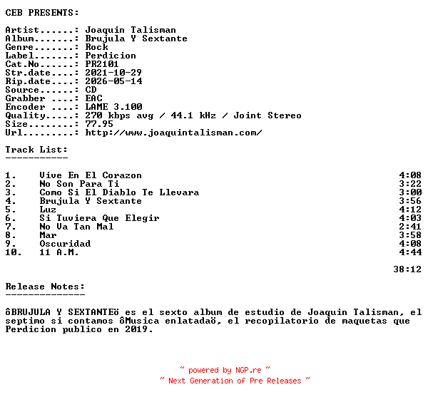 NFO for the release Joaquin_Talisman-Brujula_Y_Sextante-(PR2101)-ES-CD-2021-CEB by CEB