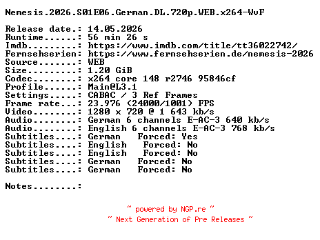NFO for the release Nemesis.2026.S01E06.German.DL.720p.WEB.x264-WvF by WvF