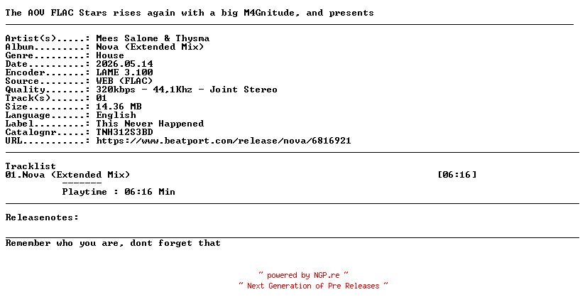 NFO for the release Mees_Salome_And_Thysma-Nova_(Extended_Mix)-(TNH312S3BD)-SINGLE-WEB-2026-AOV by AOV