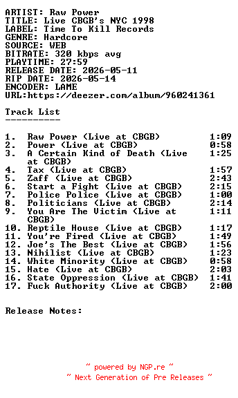 NFO for the release Raw_Power-Live_CBGBs_NYC_1998-WEB-2026-SDR by SDR