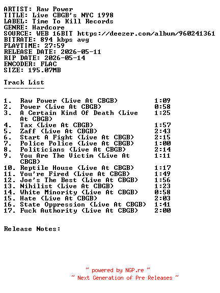 NFO for the release Raw_Power-Live_CBGBs_NYC_1998-16BIT-WEB-FLAC-2026-SDR by SDR