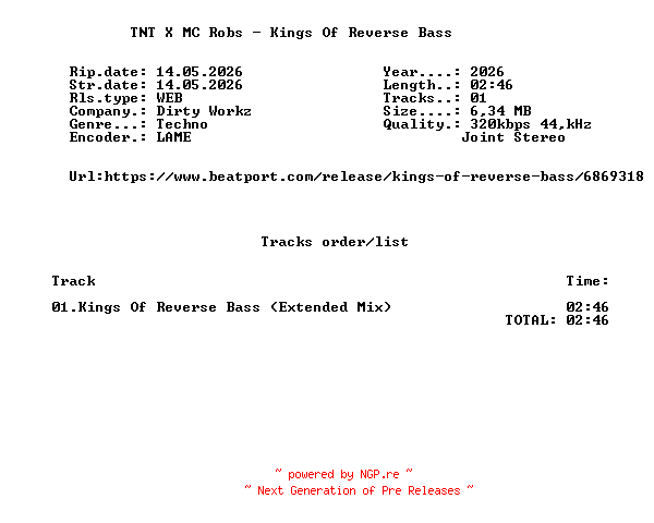 NFO for the release TNT_X_MC_Robs_-_Kings_Of_Reverse_Bass-(DWX2135)-SINGLE-WEB-2026-FMC by FMC