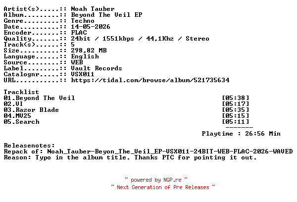 NFO for the release Noah_Tauber-Beyond_The_Veil_EP-VSX011-REPACK-24BIT-WEB-FLAC-2026-WAVED by WAVED