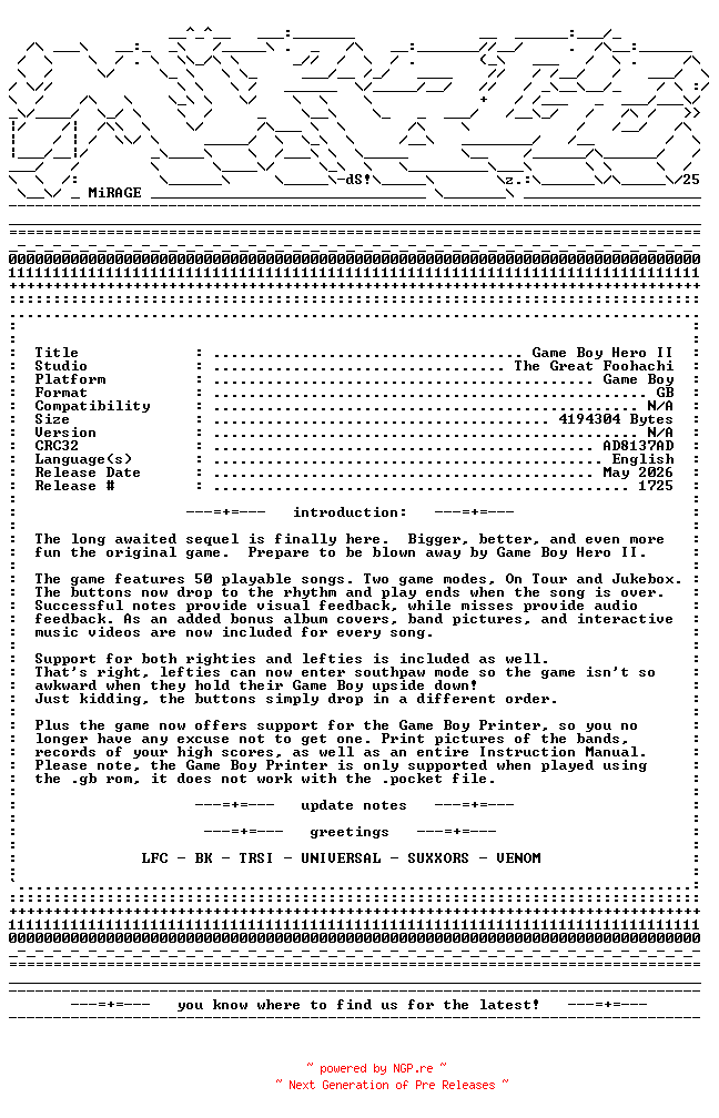 NFO for the release Game_Boy_Hero_II_GB-MiRAGE by MiRAGE