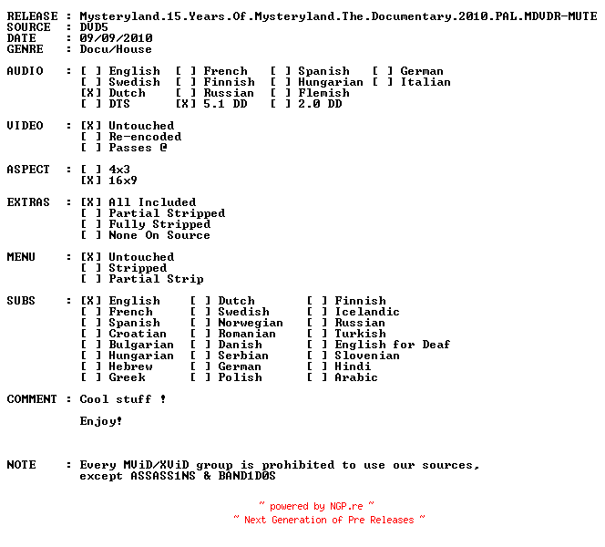 NFO for the release 15.Years.Of.Mysteryland.-.The.Documentary.2010.PAL.MDVDR-MUTE by MUTE