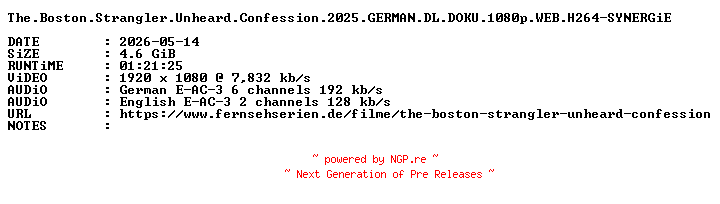 NFO for the release The.Boston.Strangler.Unheard.Confession.2025.GERMAN.DL.DOKU.1080p.WEB.H264-SYNERGiE by SYNERGiE