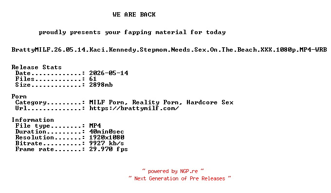 NFO for the release BrattyMILF.26.05.14.Kaci.Kennedy.Stepmom.Needs.Sex.On.The.Beach.XXX.1080p.MP4-WRB by WRB