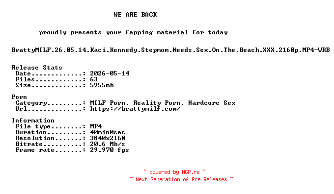 NFO for the release BrattyMILF.26.05.14.Kaci.Kennedy.Stepmom.Needs.Sex.On.The.Beach.XXX.2160p.MP4-WRB by WRB