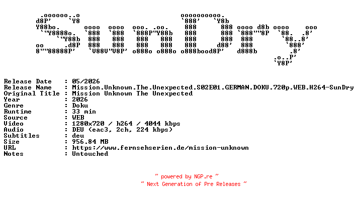NFO for the release Mission.Unknown.The.Unexpected.S02E01.GERMAN.DOKU.720p.WEB.H264-SunDry by SunDry
