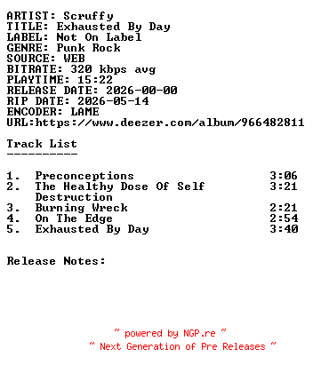 NFO for the release Scruffy-Exhausted_By_Day-WEB-2026-SDR by SDR