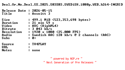 NFO for the release Deal.Or.No.Deal.SE.2025.S03E03.SWEDiSH.1080p.WEB.h264-INGRID by INGRID