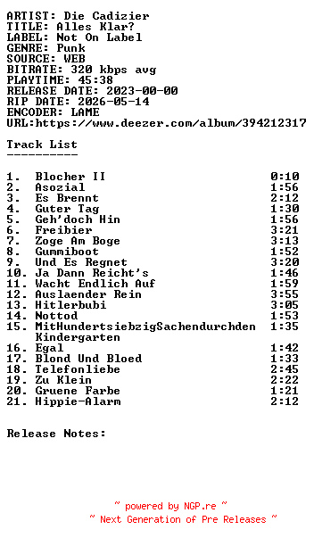 NFO for the release Die_Cadizier-Alles_Klar-WEB-DE-2023-SDR by SDR