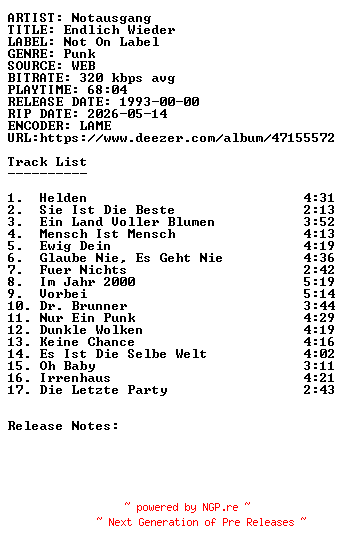 NFO for the release Notausgang-Endlich_Wieder-WEB-DE-1993-SDR by SDR