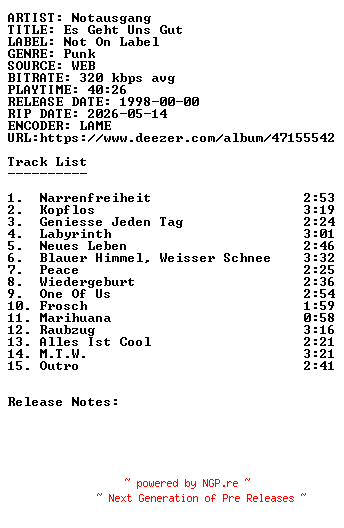 NFO for the release Notausgang-Es_Geht_Uns_Gut-WEB-DE-1998-SDR by SDR