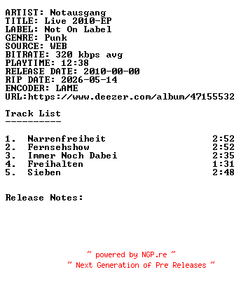 NFO for the release Notausgang-Live_2010-EP-WEB-DE-2010-SDR by SDR