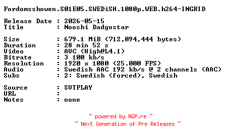 NFO for the release Fordomsshowen.S01E05.SWEDiSH.1080p.WEB.h264-INGRID by INGRID