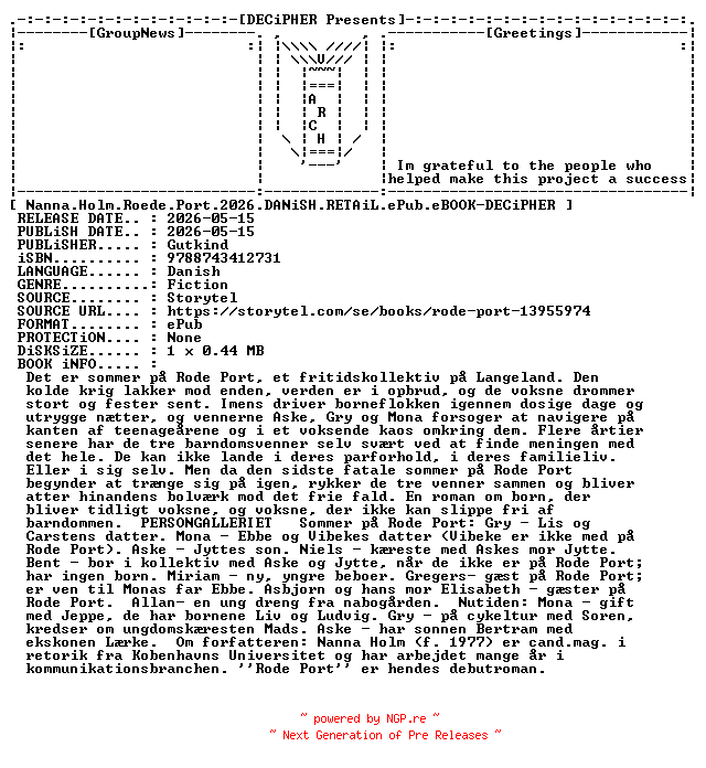 NFO for the release Nanna.Holm.Roede.Port.2026.DANiSH.RETAiL.ePub.eBOOK-DECiPHER by DECiPHER