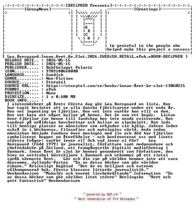 NFO for the release Lea.Korsgaard.Innan.Aret.Ar.Slut.2026.SWEDiSH.RETAiL.ePub.eBOOK-DECiPHER by DECiPHER