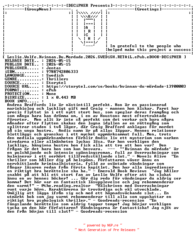 NFO for the release Leslie.Wolfe.Kvinnan.Du.Mordade.2026.SWEDiSH.RETAiL.ePub.eBOOK-DECiPHER by DECiPHER