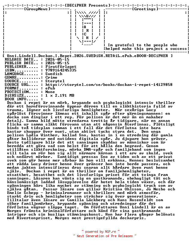 NFO for the release Unni.Lindell.Dockan.I.Repet.2026.SWEDiSH.RETAiL.ePub.eBOOK-DECiPHER by DECiPHER