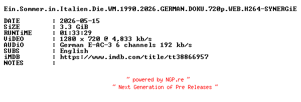 NFO for the release Ein.Sommer.in.Italien.Die.WM.1990.2026.GERMAN.DOKU.720p.WEB.H264-SYNERGiE by SYNERGiE