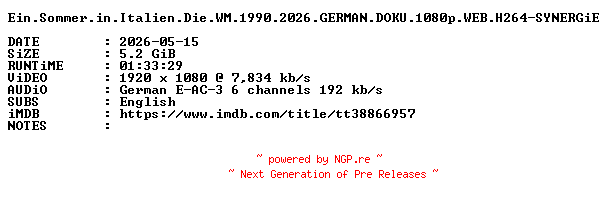 NFO for the release Ein.Sommer.in.Italien.Die.WM.1990.2026.GERMAN.DOKU.1080p.WEB.H264-SYNERGiE by SYNERGiE