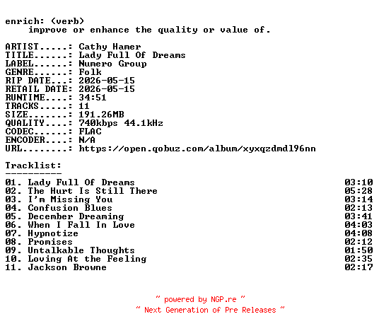 NFO for the release Cathy_Hamer-Lady_Full_Of_Dreams-16BIT-WEB-FLAC-2026-ENRiCH by ENRiCH
