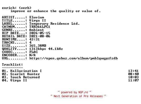 NFO for the release Eluvium-Virga_II-(TRR366LPC1)-24BIT-WEB-FLAC-2021-ENRiCH by ENRiCH