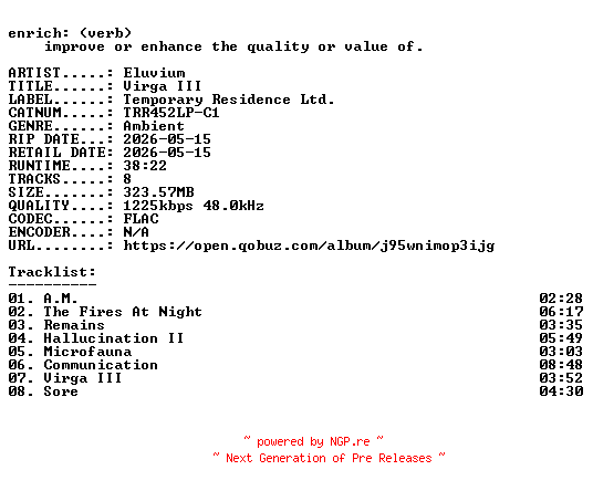 NFO for the release Eluvium-Virga_III-(TRR452LP-C1)-24BIT-WEB-FLAC-2026-ENRiCH by ENRiCH